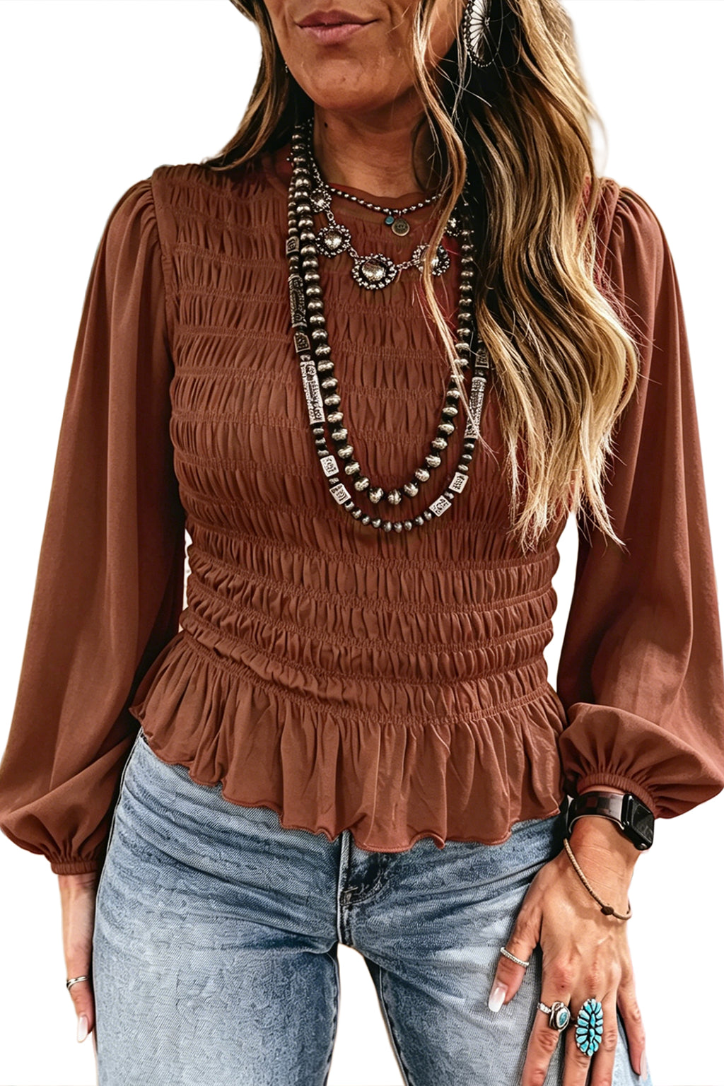 Jet Stream Solid Color Smocked Ruffle Hem Long Sleeve Blouse Dear-Lover Dropshipping