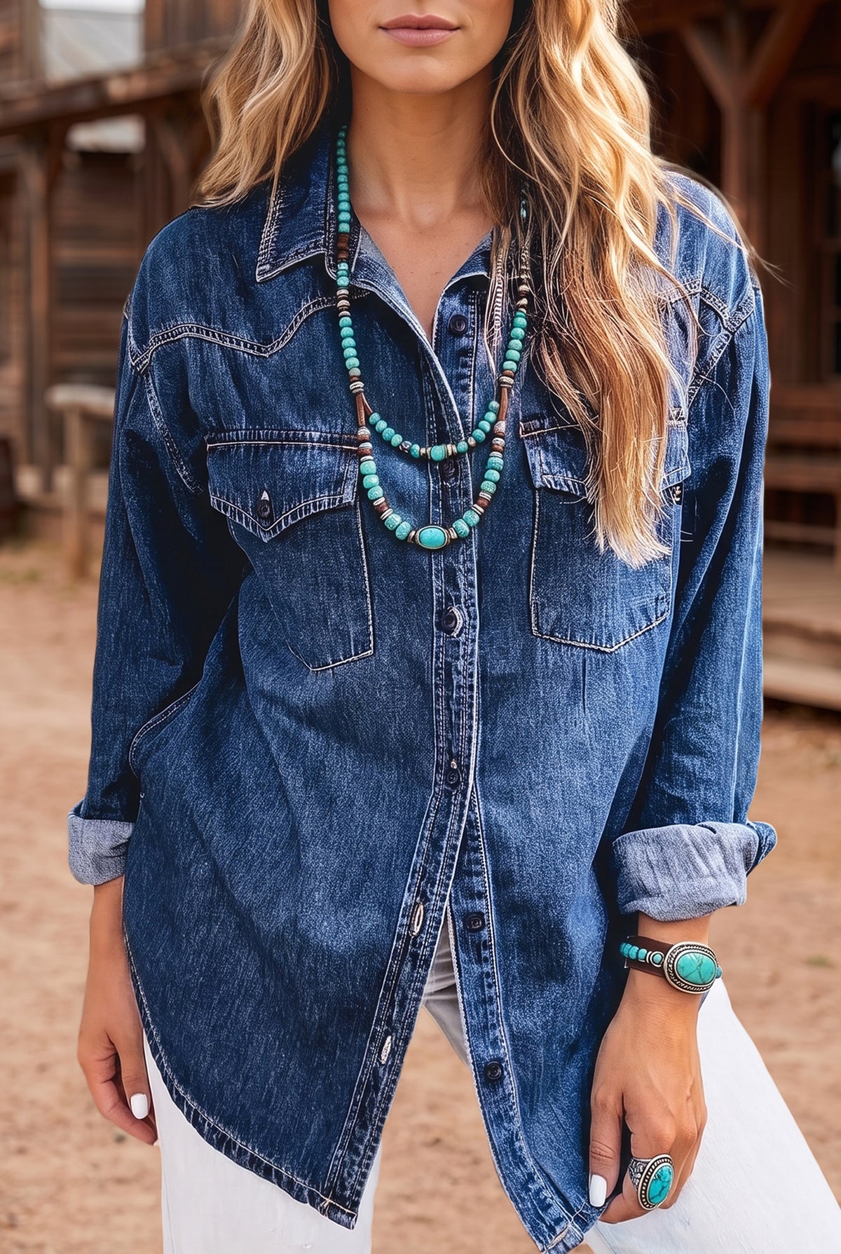 Sail blue tunic denim shirt, view 4