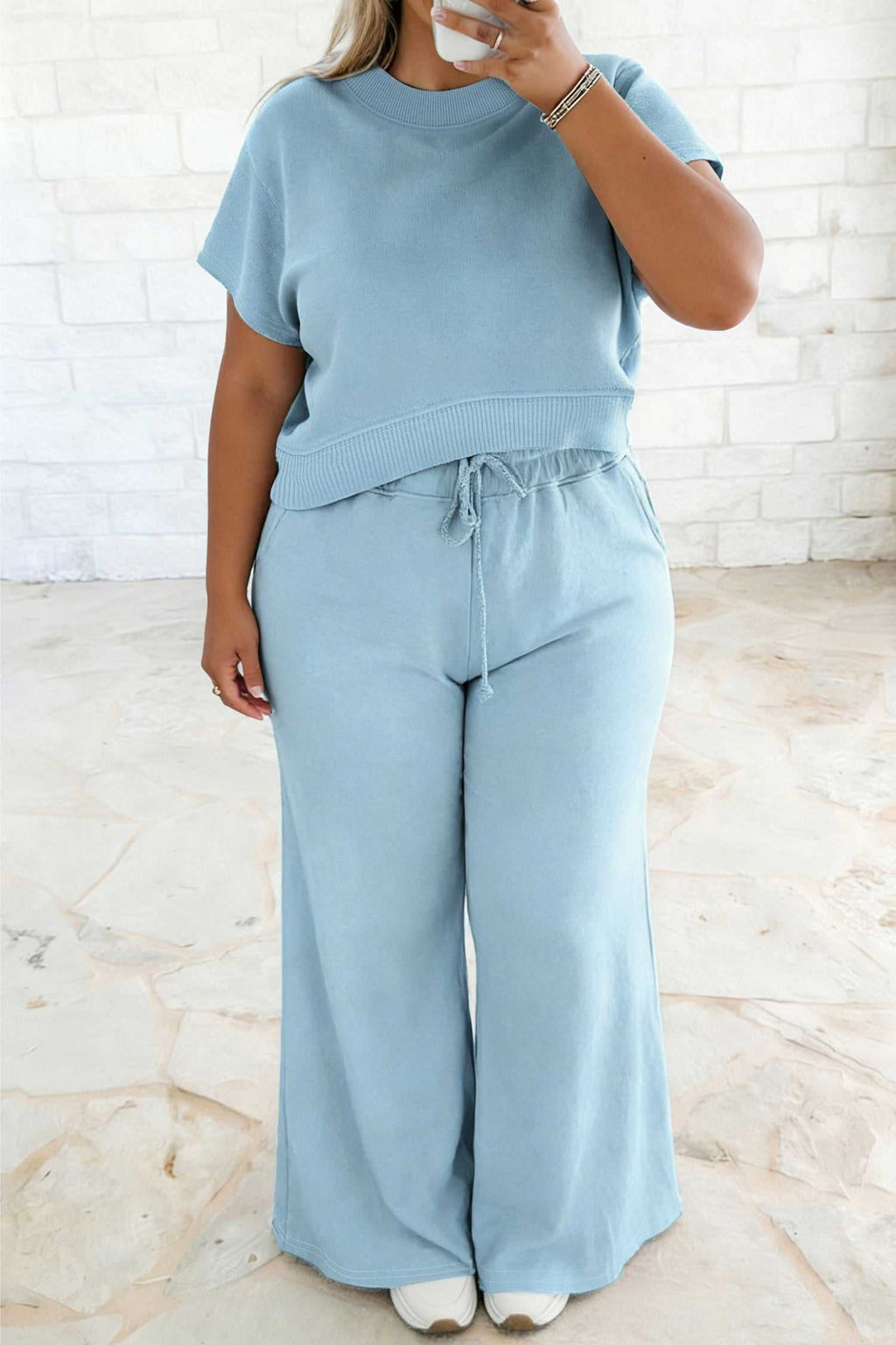 Plus size mist blue ribbed trim top and drawstring wide-leg pants set