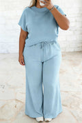 Plus size mist blue ribbed trim top and drawstring wide-leg pants set