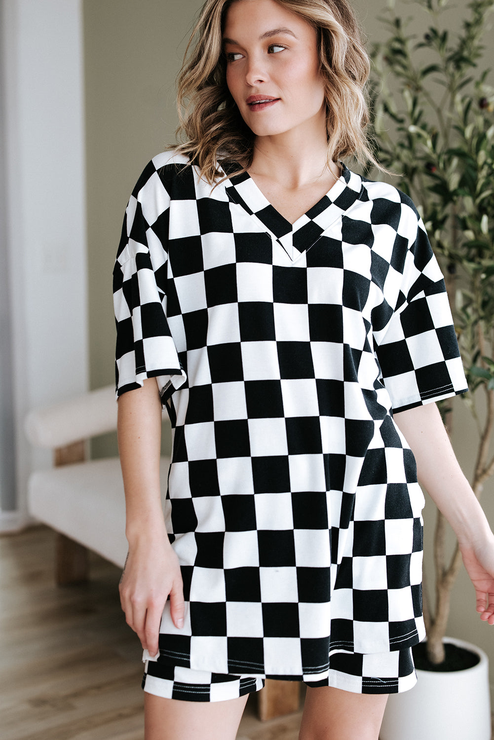 Orange Checkerboard Print Tee & Shorts Set