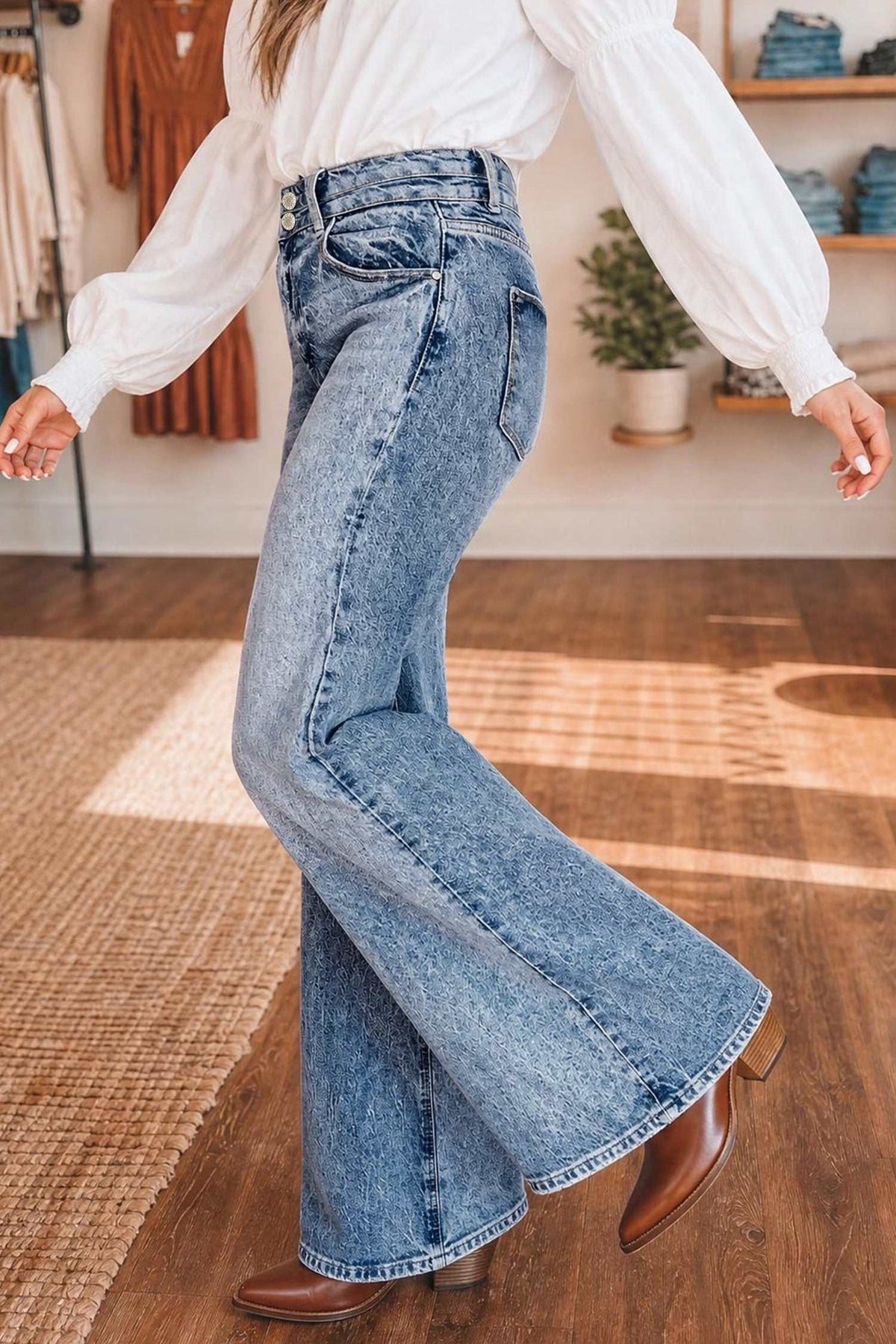 Blue acid wash flare jeans, view 3