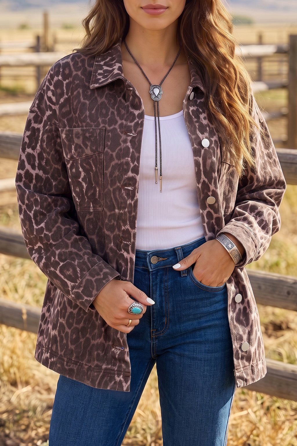 Khaki Oversized Leopard Print Long Sleeve Patch Pocket Denim Jacket Dear-Lover Dropshipping