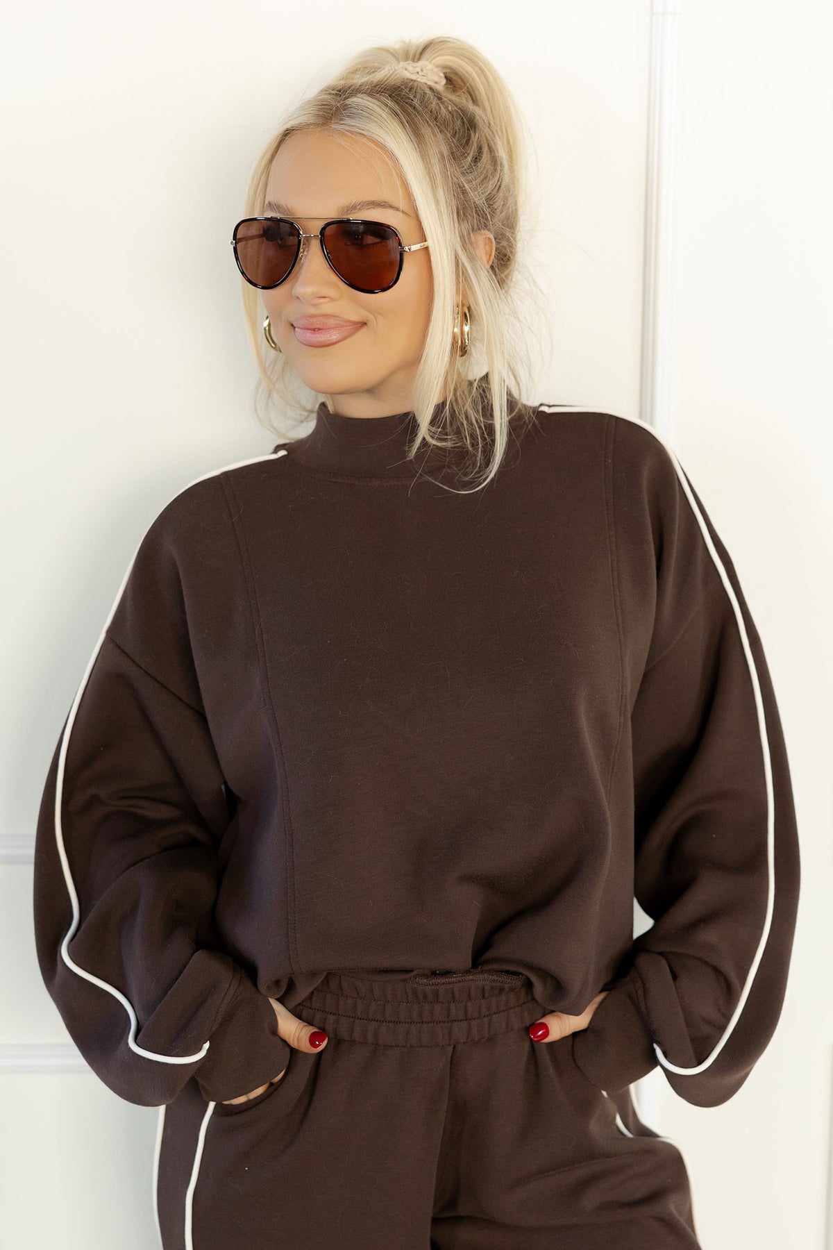 Coffee Sporty Piping Trim Mock Neck Pullover Relaxed 2pcs Pant Set Dear-Lover Dropshipping