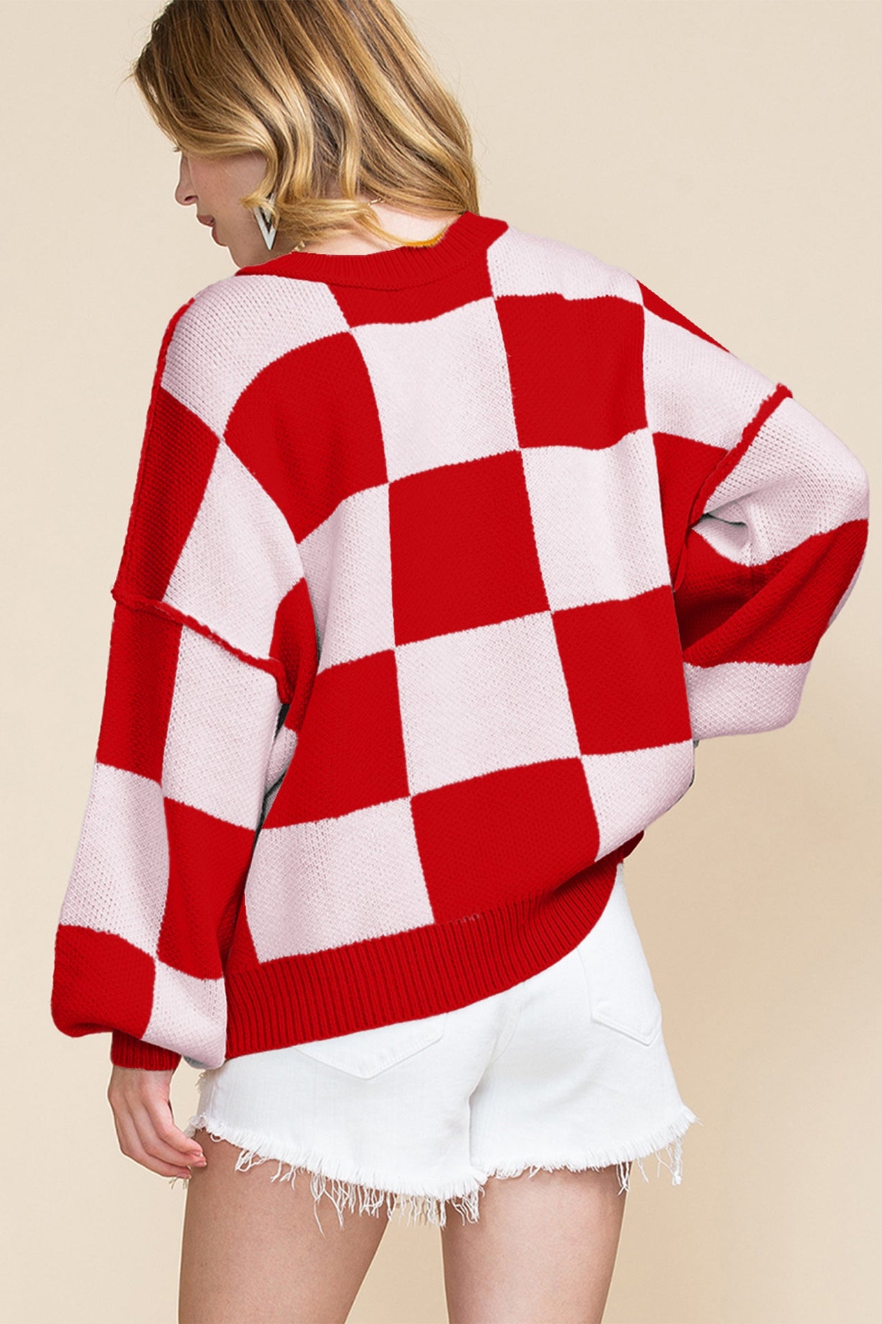 Black checkered bishop sleeve sweater in soft premium fabric