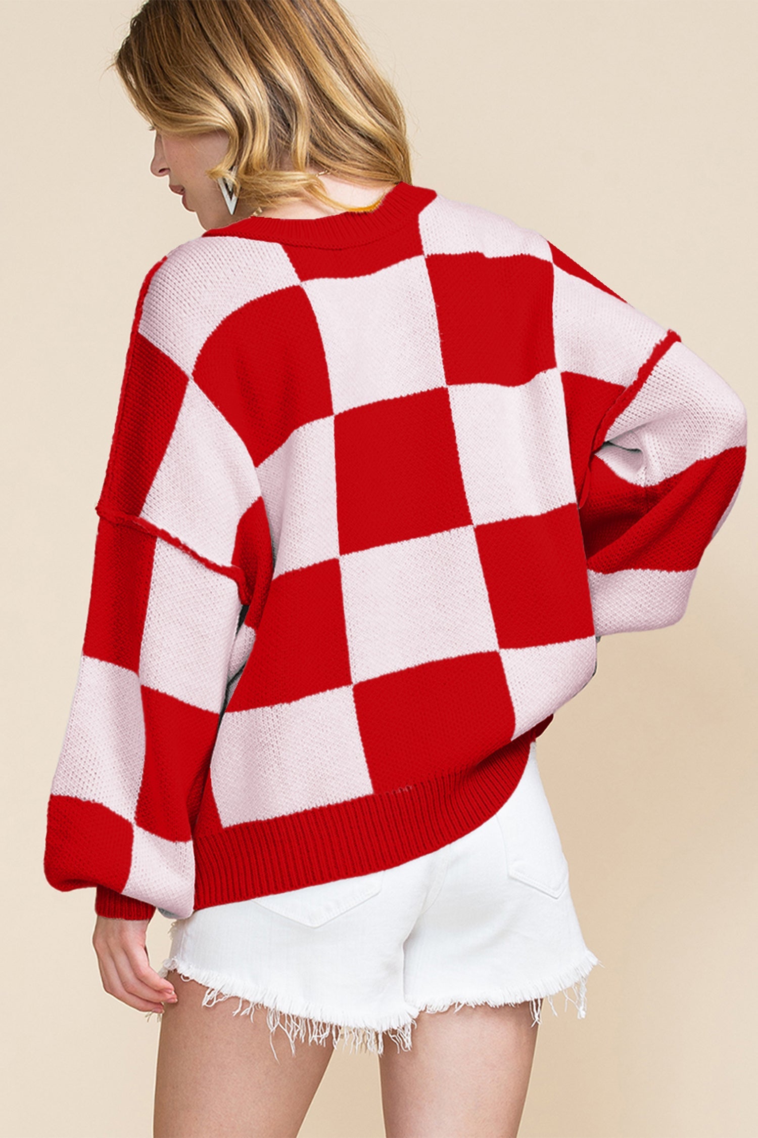Black checkered bishop sleeve sweater in soft premium fabric