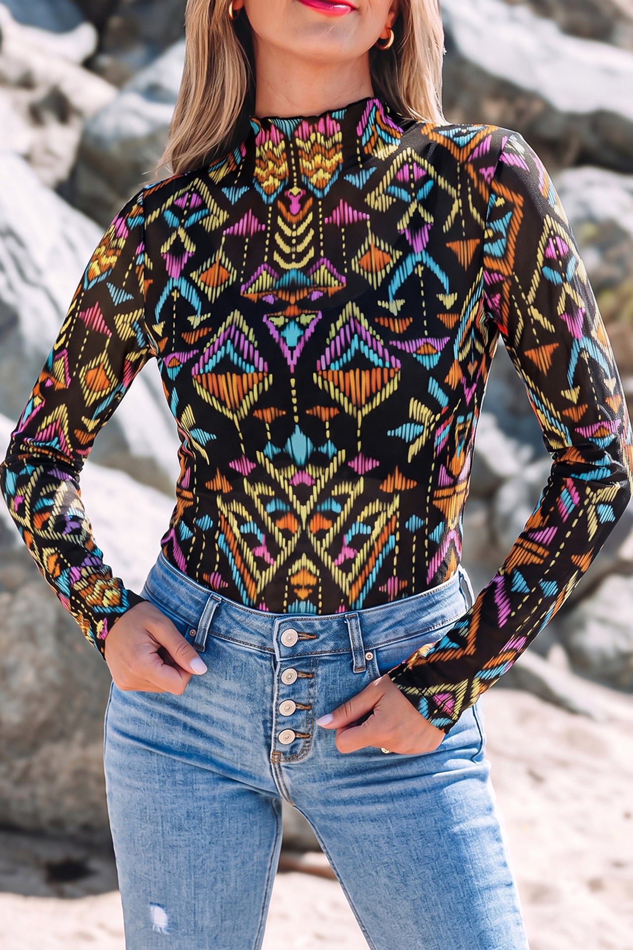 Black Abstract Print Stand Neck Mesh Top