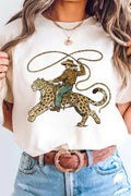 Women's white graphic tee with leopard rodeo cowboy print