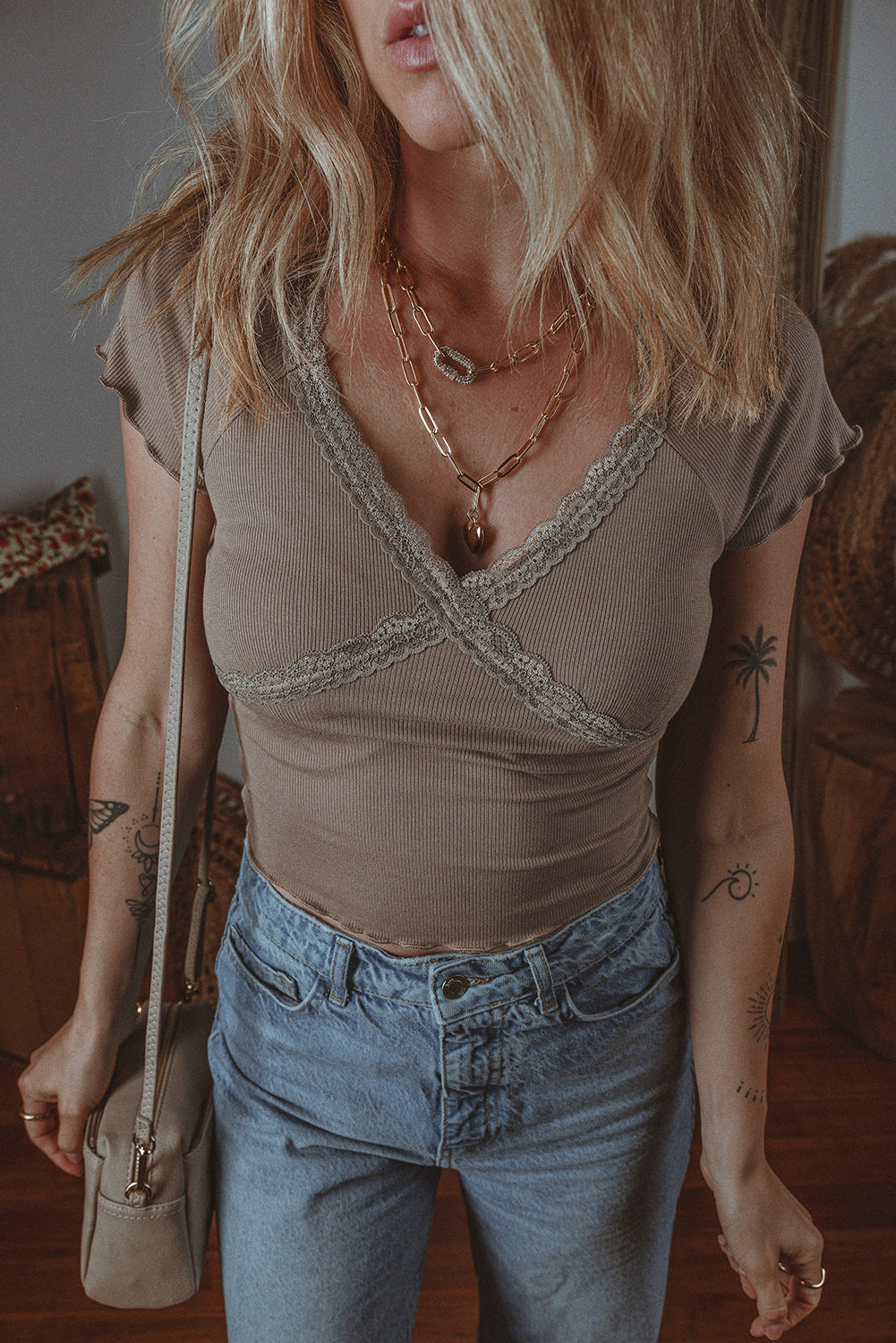 Brown Lace Trim Criss Cross V-Neck Top
