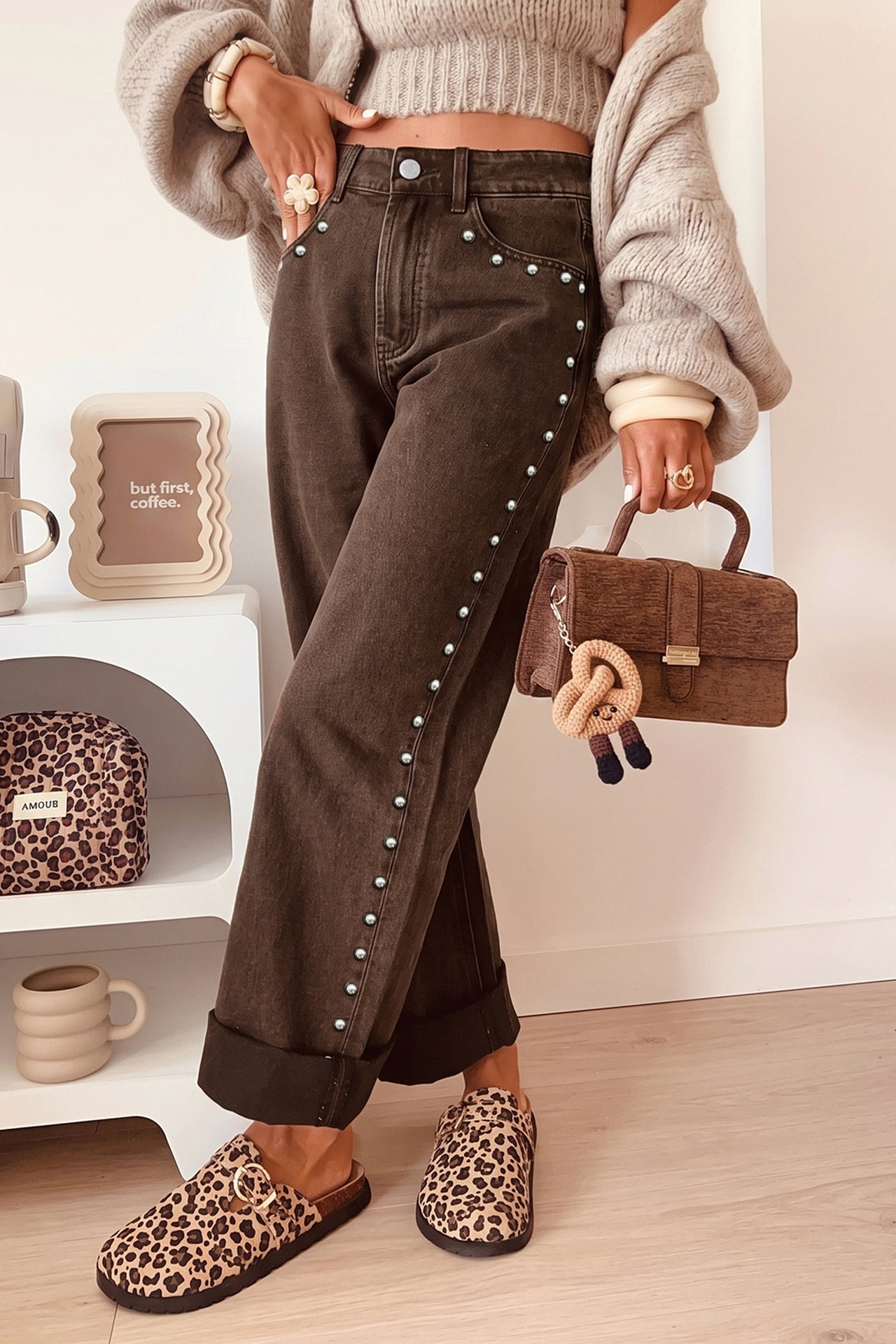 Black Studded Straight Leg Jeans | Casual Fit