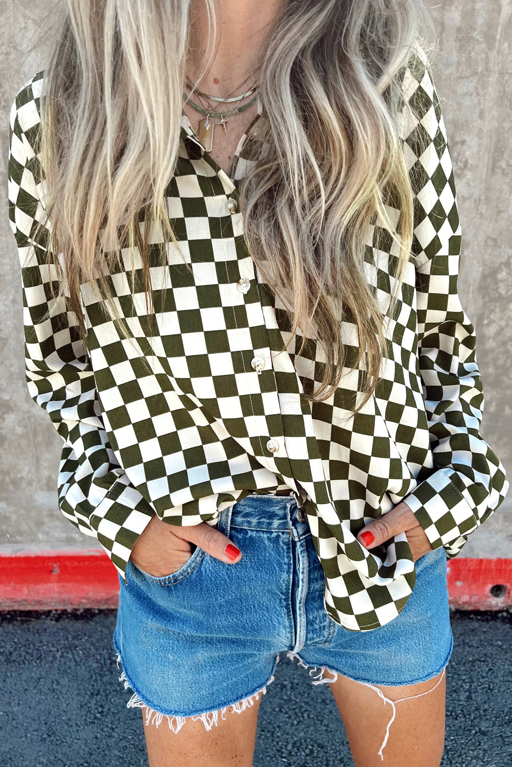 Green Checkerboard Print Drop Shoulder Shirt