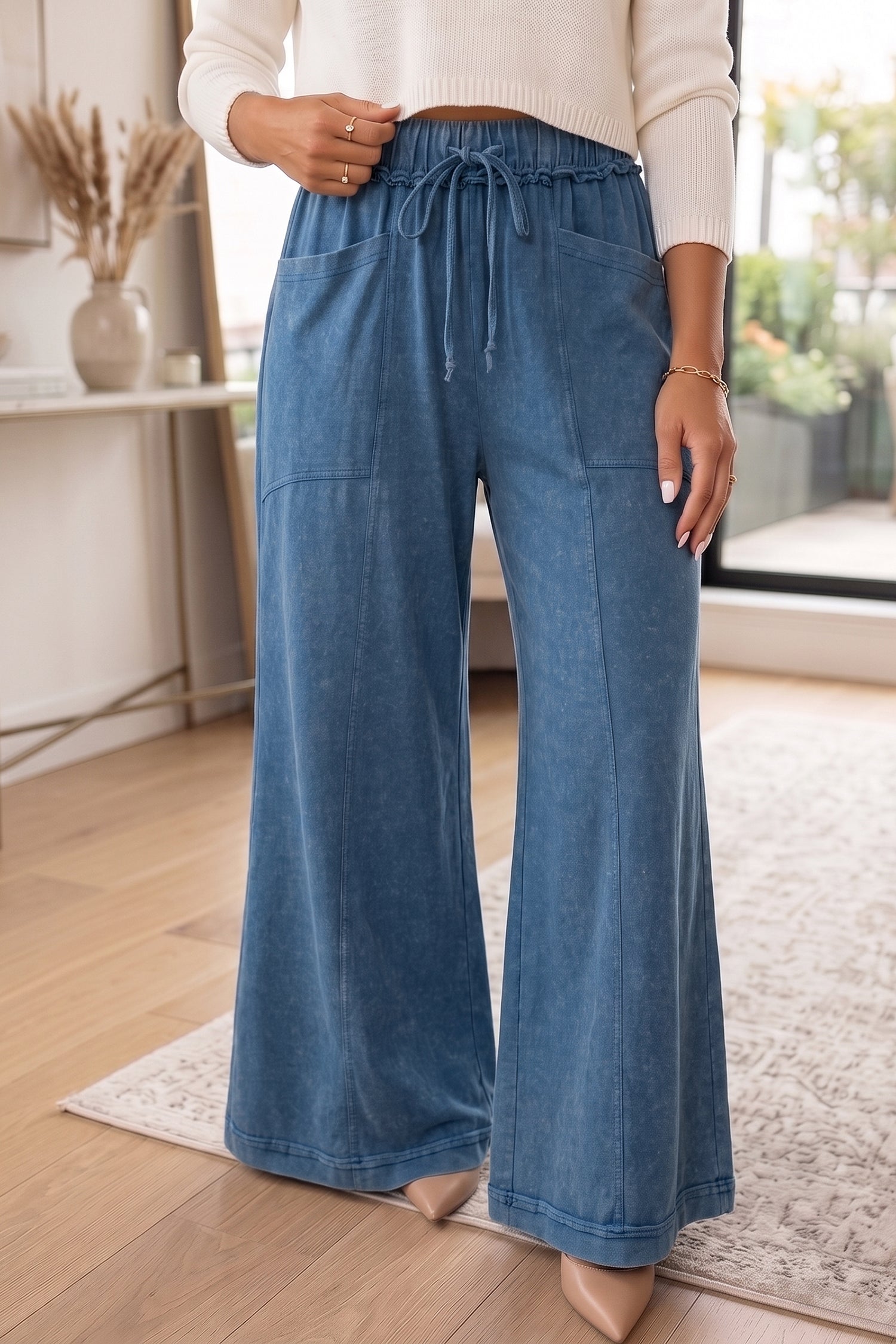 Blue Mineral Wash Flare Leg Drawstring Pants