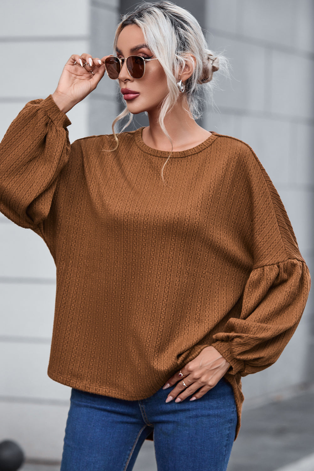Orange Jacquard Knit Long Sleeve Top