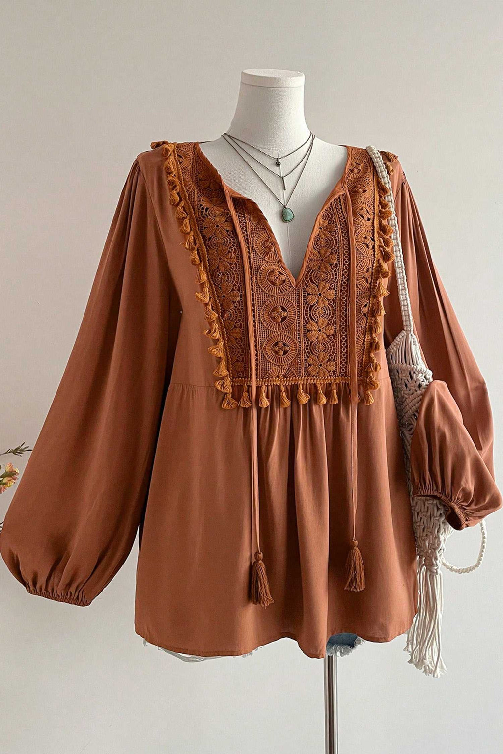 Chestnut boho plus size blouse, view 4