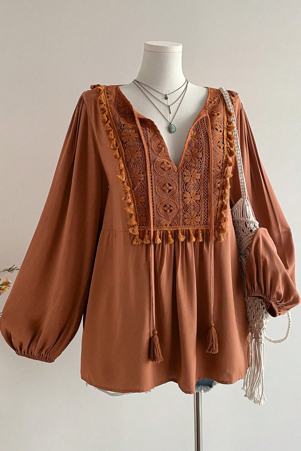 Chestnut Boho V Neck Embroidered Tassel Long Sleeve Plus Size Blouse