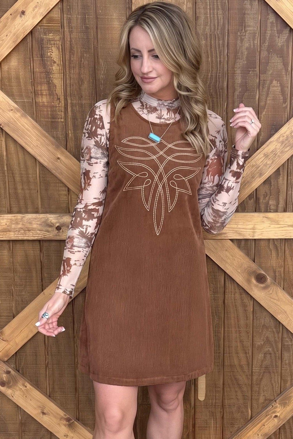 Coffee corduroy shift dress, view 5