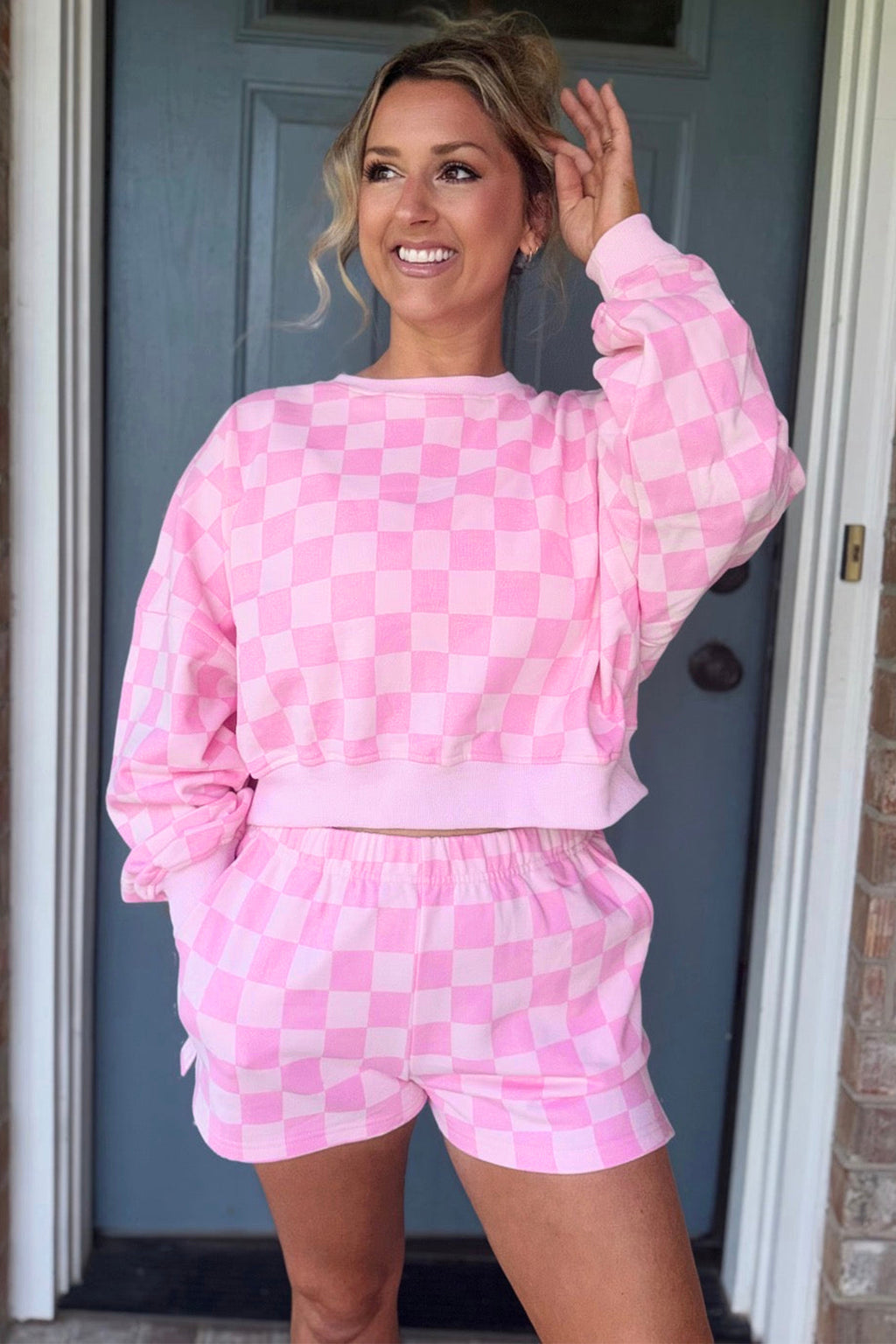 Blue plaid crop top set, view 6