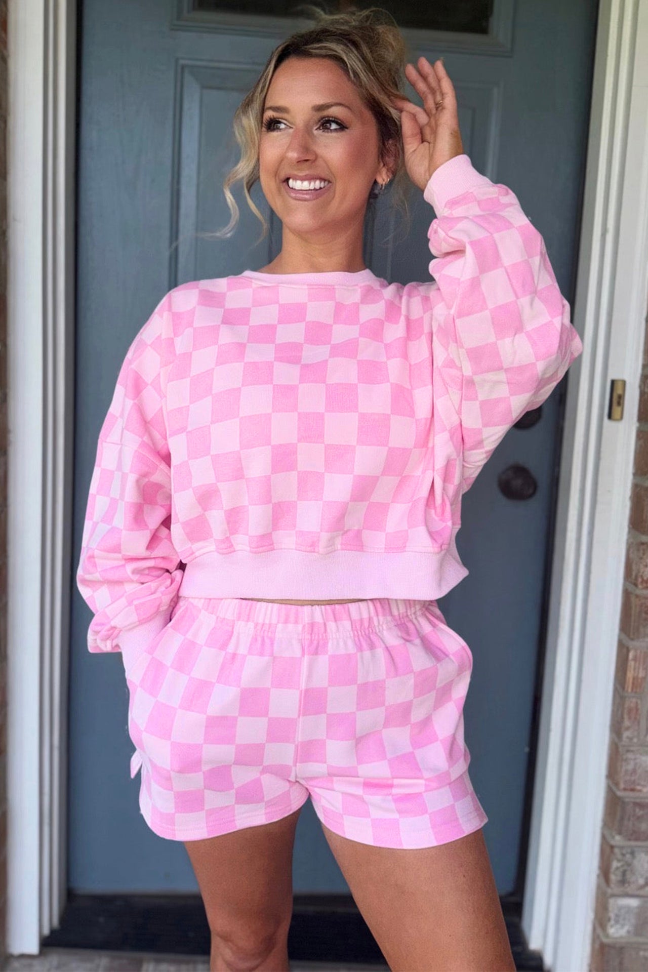 Dark Blue Plaid Checkered Long Sleeve Crop Top Elastic Waist Shorts Two Piece Set
