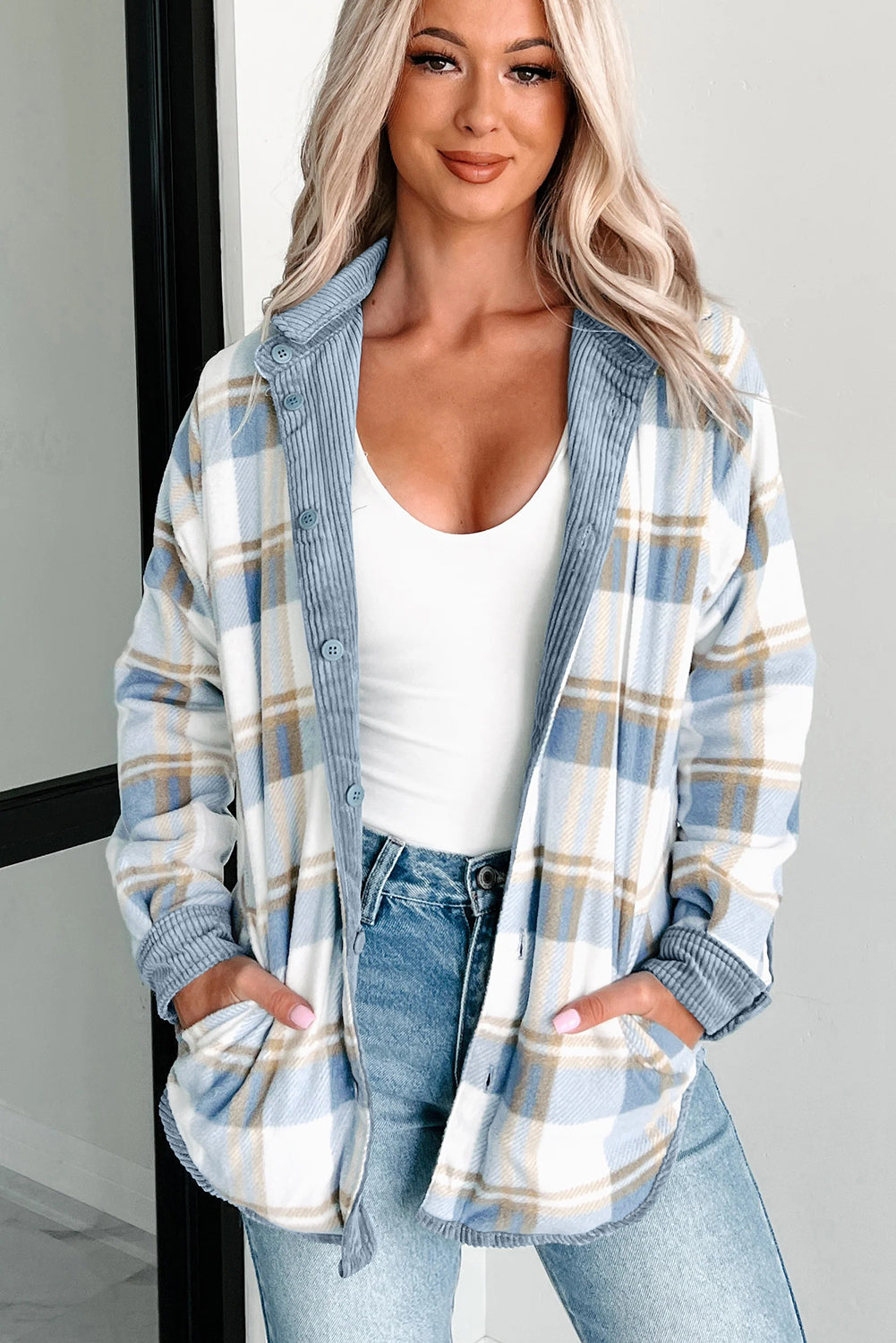 Stone Blue Plaid Corduroy Reversible Button Up Shacket Dear-Lover Dropshipping