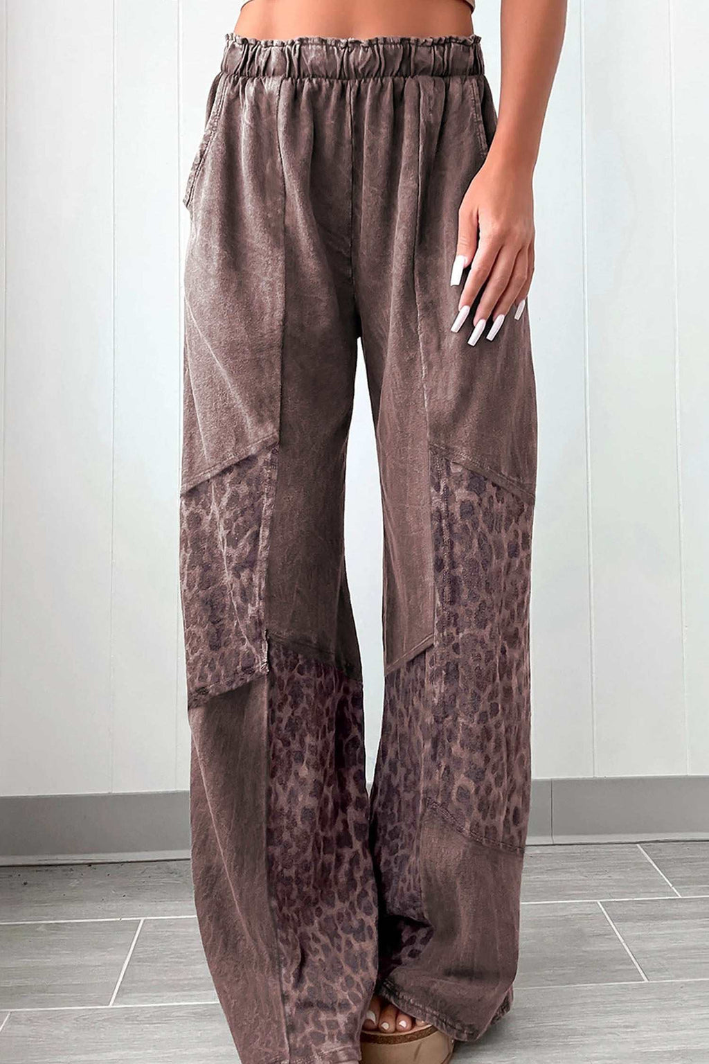 Coffee Leopard Patchwork loose pants in mineral wash brown with leopard pattern patchwork and elastic waistband design.