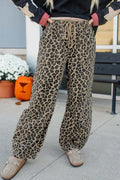 Women's khaki leopard print loose denim pants with drawstring waist and pockets