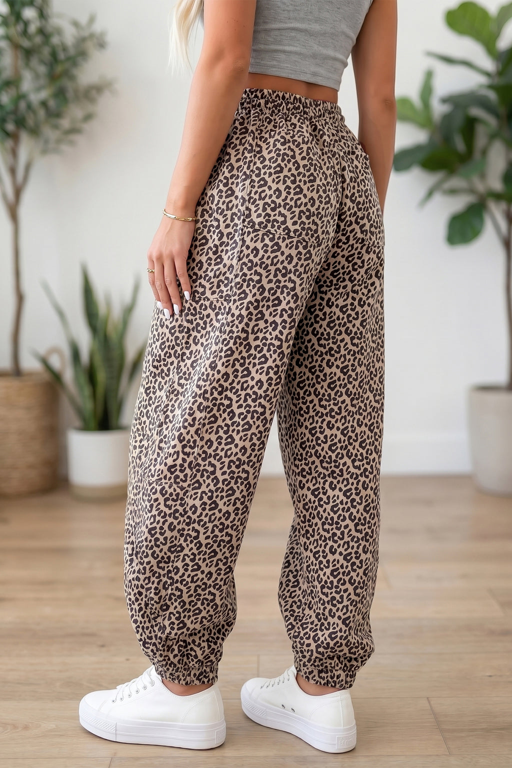Khaki Leopard Print Elastic Waist Ankle Length Pants Dear-Lover Dropshipping