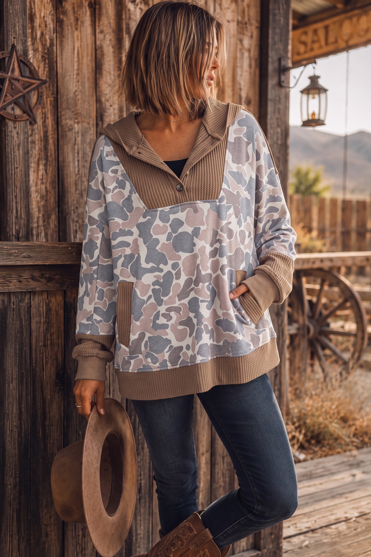 Khaki Camouflage Print Waffled Patchwork Loose Pullover Hoodie Dear-Lover Dropshipping