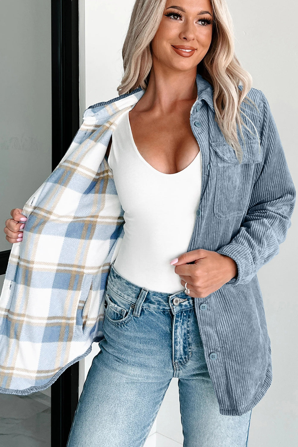 Stone Blue Plaid Corduroy Reversible Button Up Shacket Dear-Lover Dropshipping
