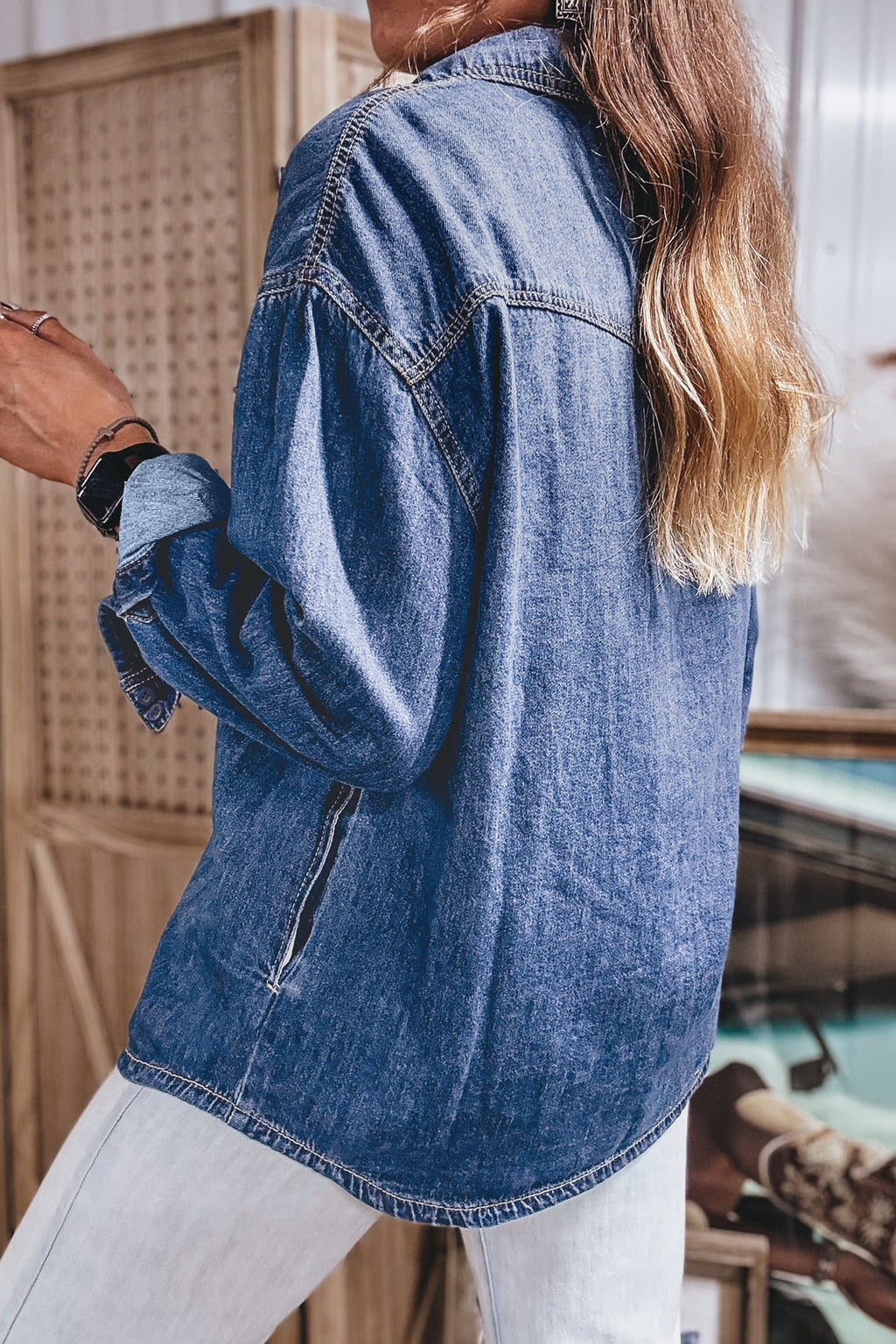 Sail blue tunic denim shirt, view 6