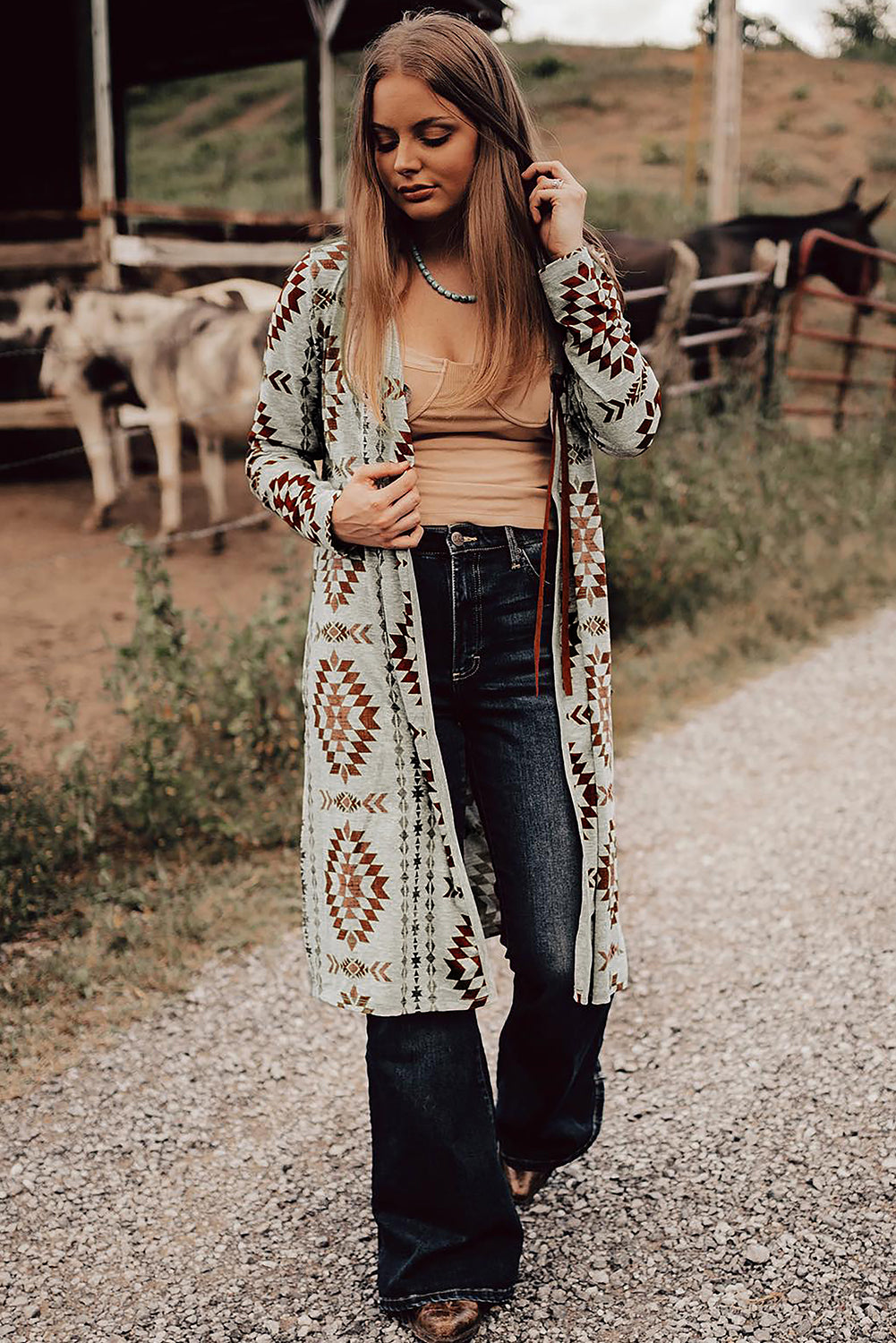 Western Aztec Print Long Open Cardigan