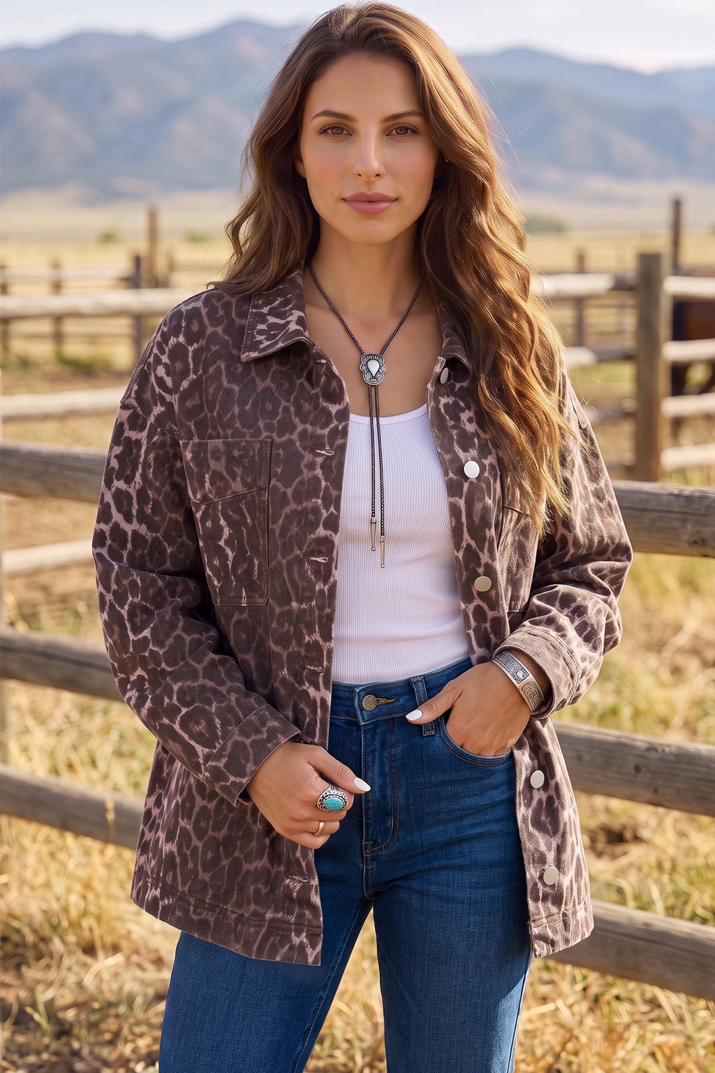 Khaki Oversized Leopard Print Long Sleeve Patch Pocket Denim Jacket Dear-Lover Dropshipping