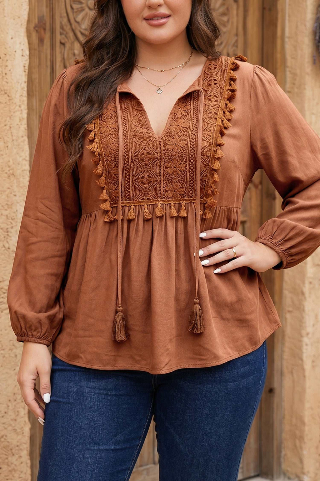 Plus size chestnut boho V-neck blouse with embroidery and tassels