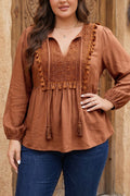 Plus size chestnut boho V-neck blouse with embroidery and tassels