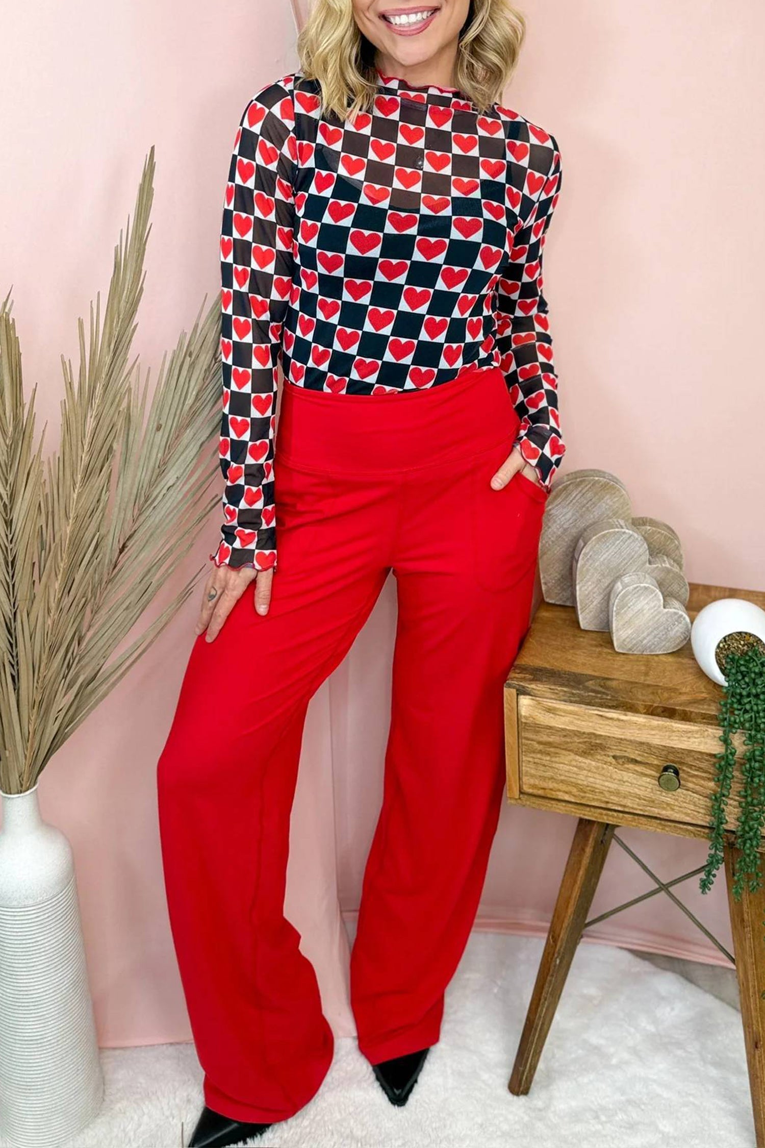 Rose plaid mesh sheer long sleeve top with heart detail and high neck