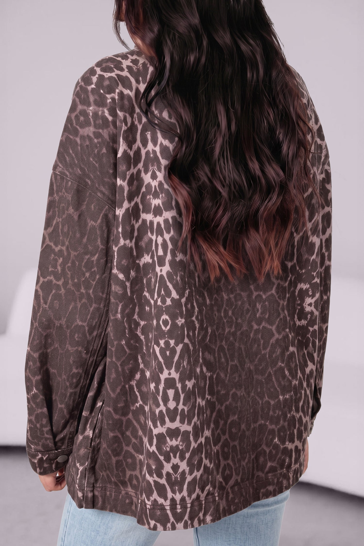 Khaki Oversized Leopard Print Long Sleeve Patch Pocket Denim Jacket Dear-Lover Dropshipping