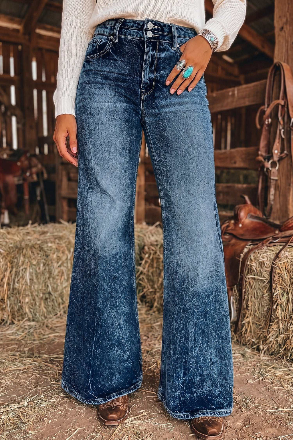 Blue acid wash flare jeans, view 22