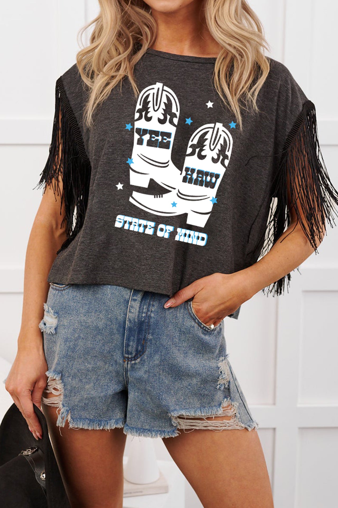 Carbon Grey YEE HAW Boots STATE OF MIND Fringed Sleeve Tee