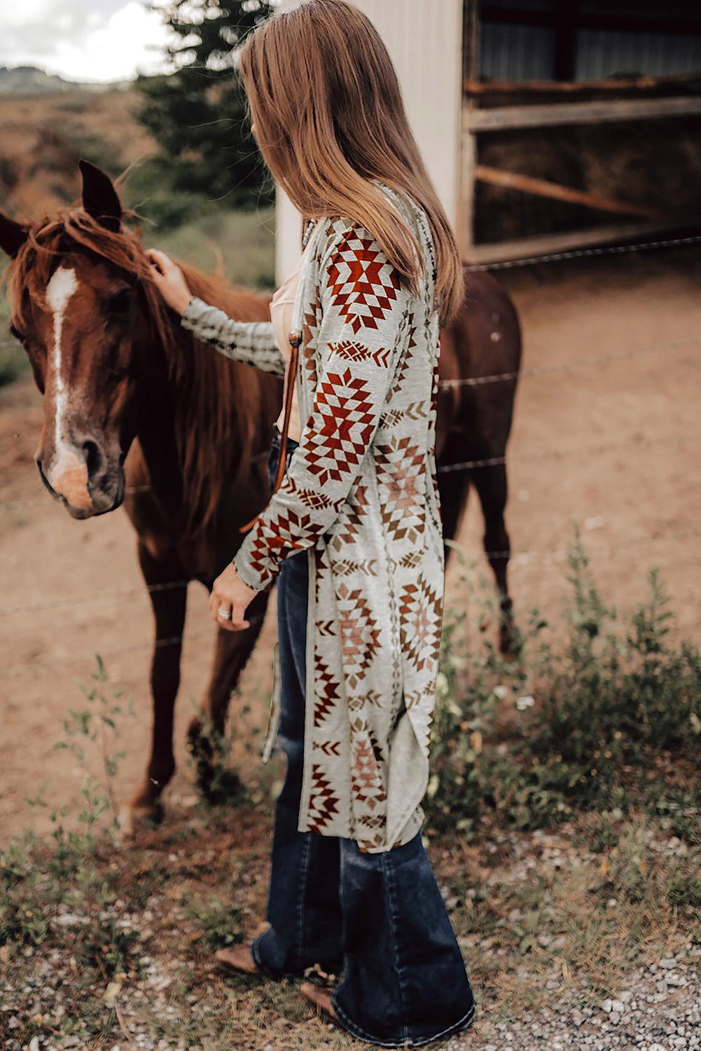 Western Aztec Print Long Open Cardigan