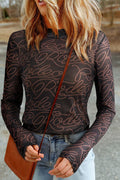 Women's black sheer mesh mock neck top with western rodeo print