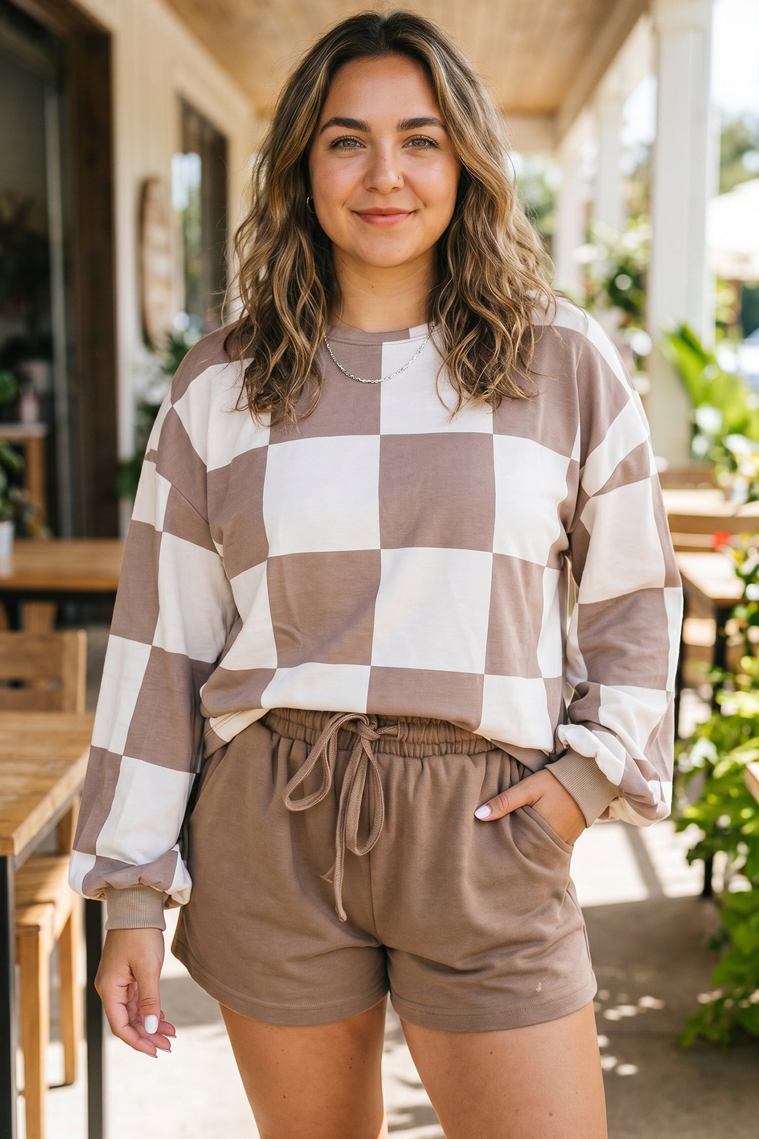 Plus Size Khaki Checkered Long Sleeve Top original patio lifestyle view