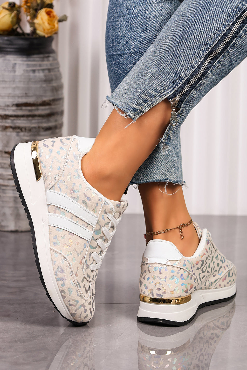 White leopard lace-up sneakers, alternate view