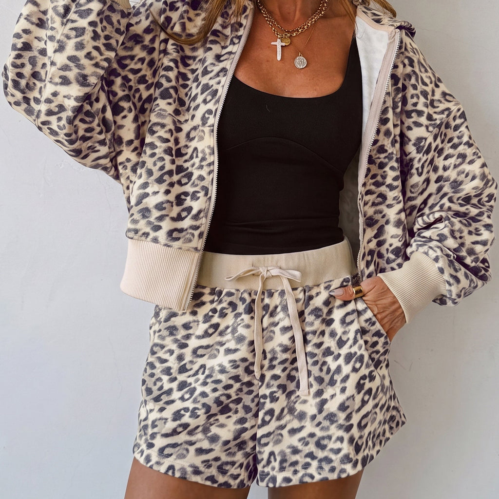 Women's leopard zip-up hooded top and drawstring pant set
