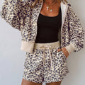 Women's leopard zip-up hooded top and drawstring pant set