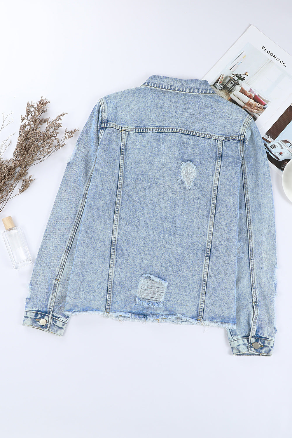 Sky blue distressed denim jacket, view 6