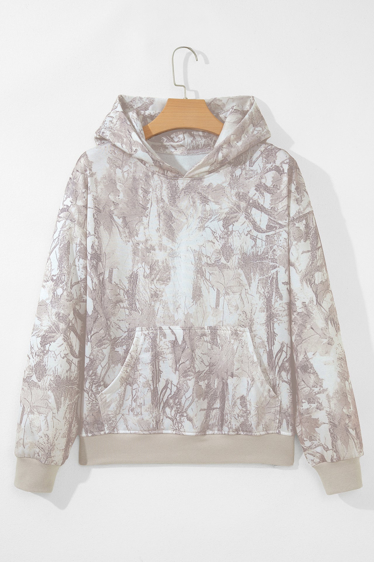 Cozy Gray Abstract Print Hoodie Front Studio View on Hanger