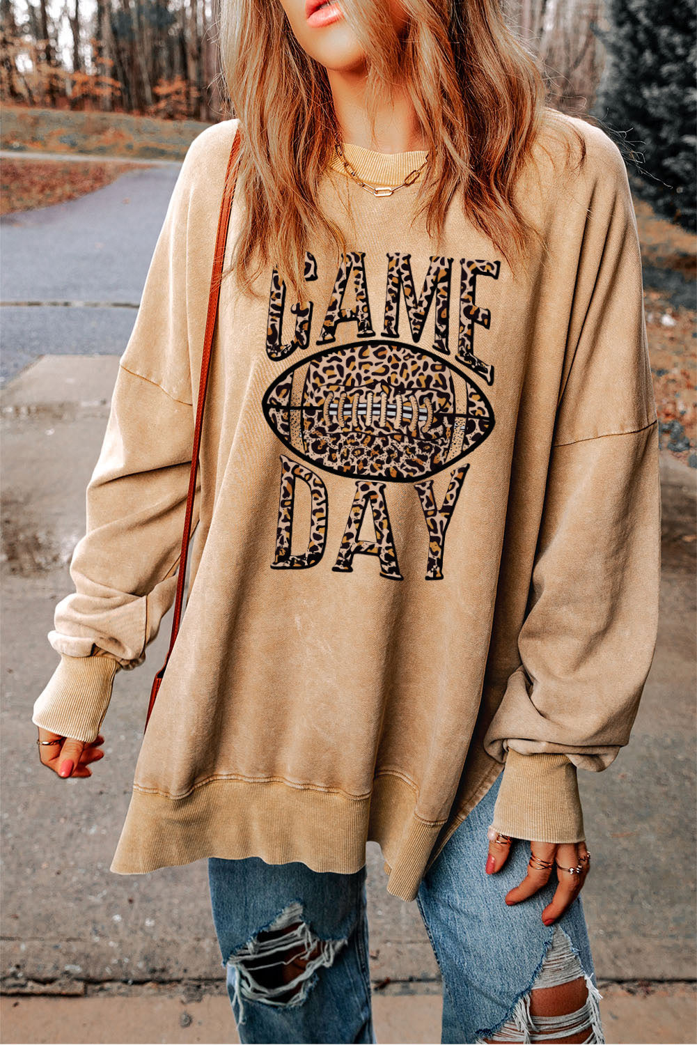 Women's khaki loose sweatshirt with leopard football GAME DAY graphic