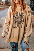 Women's khaki loose sweatshirt with leopard football GAME DAY graphic