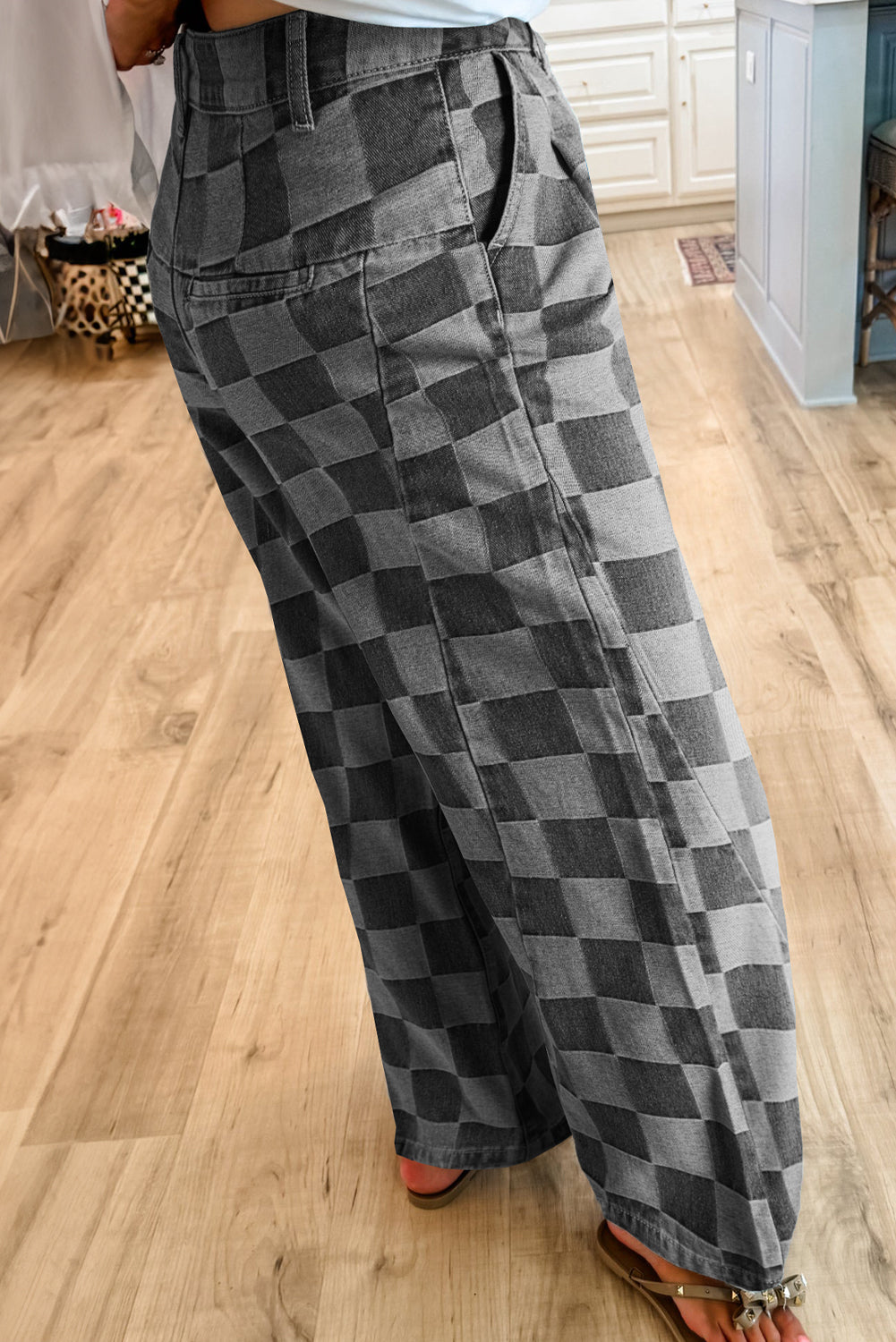 Grey checkered wide leg jeans, alternate view