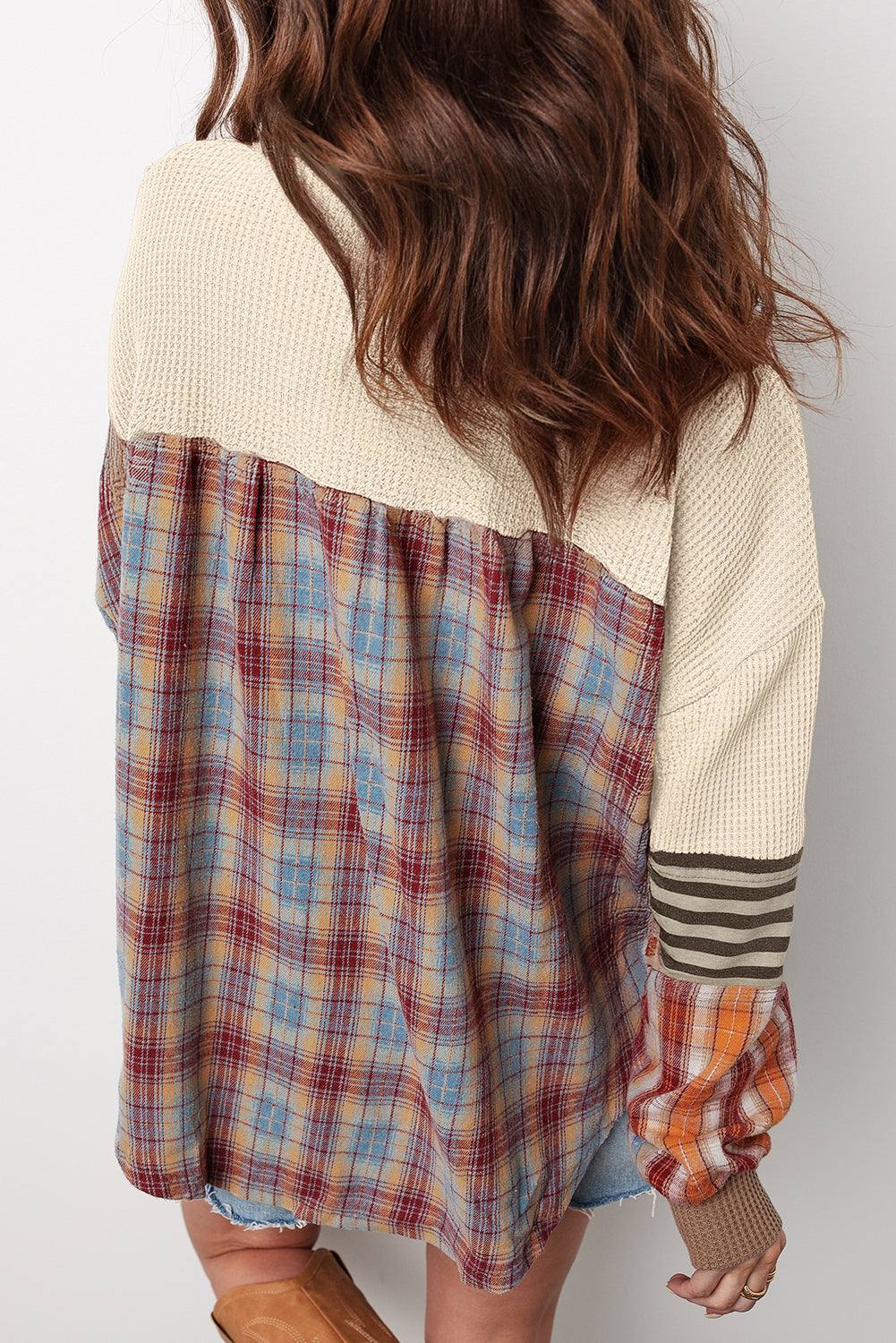 Straw Yellow Waffle Knit Henley top with cream textured knit, multicolor plaid patchwork back, and striped cuff detail