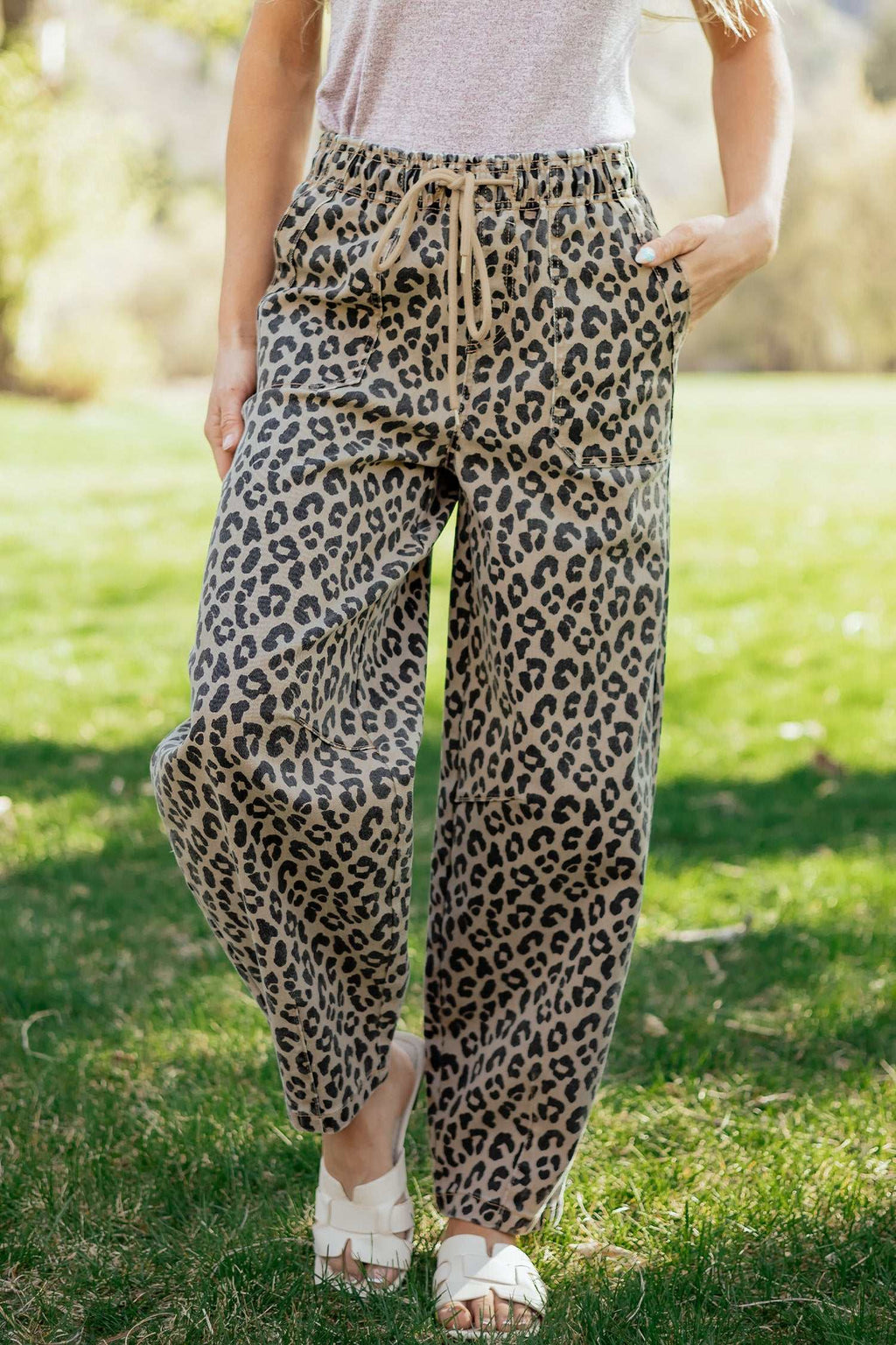 Khaki leopard loose denim pants, view 6